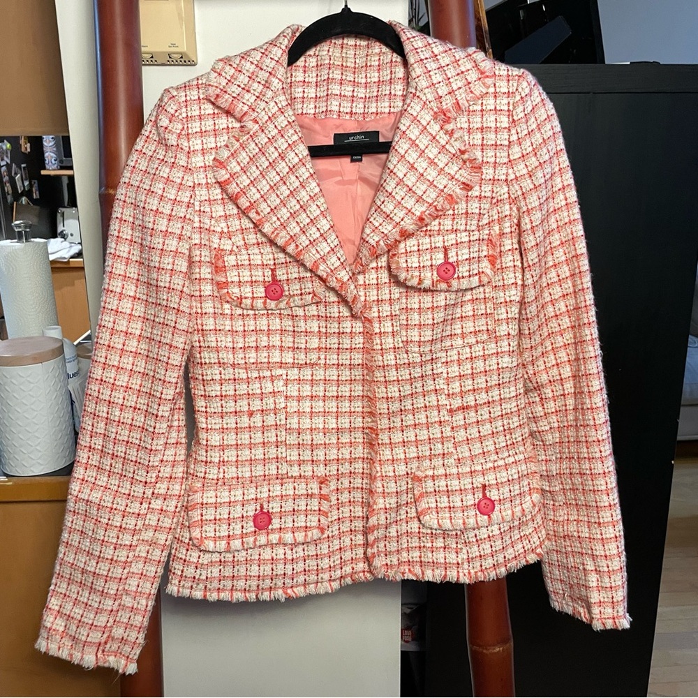 Chic Pink Tweed Women's Blazer Jacket